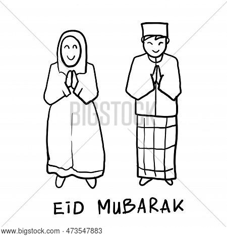 Hand Drawn Of Muslim Women And Men Greeting Happy Eid The Holy Celebration For Islamic Religion. Doo