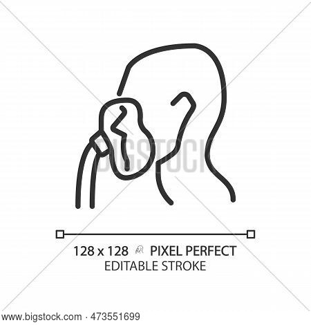 Oxygen Mask Pixel Perfect Linear Icon. Intensive Care Equipment. Emergency Air For Respiratory Syste