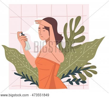 Woman Using Spay For Face, Care And Treatment
