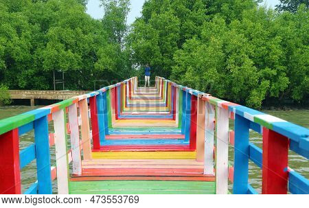 Amazing Rainbow Boardwalk Bridge On Thailand Bay, Samut Sakorn Province, Central Region Of Thailand