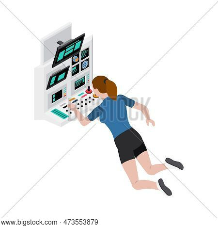 Female Astronaut Looking At Monitors Under Zero Gravity Isometric Vector Illustration
