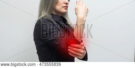 Wrist Pain. Painful Hand With Red Spot Closeup. Sprain, Fracture. Arthritis, Office Syndrome. Health