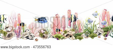 Seamless Border With Sea Creatures As Corals, Fishes. Watercolor Illustration Isolated On White For 
