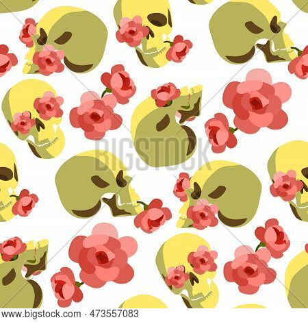 A Pattern Of Skulls With Flowers. Background With Portraits, Human Skulls And Flowers Inside. Backgr
