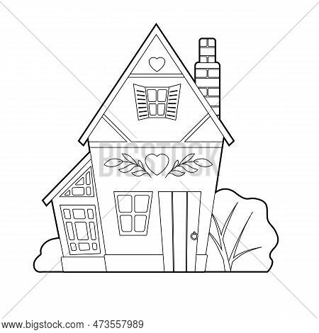 Vector Monochrome Contour Illustration Of A Cute Country House. Dollhouse. Rental And Sale Of Housin