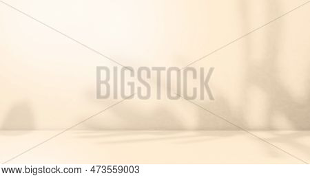 Loft Product Summer Studio Room Background,orange Shadow Leaves On Podium Pland Cement Concrete Back