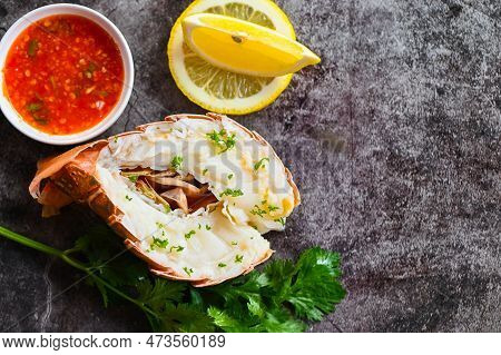 Spiny Lobster Food On Plate, Fresh Lobster Or Rock Lobster Seafood With Herb And Spices Lemon Corian
