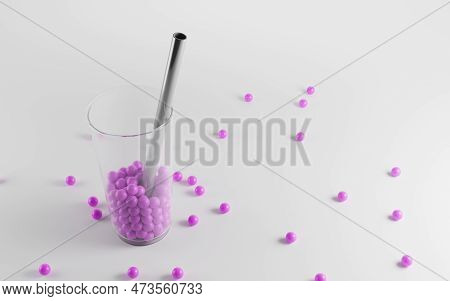 Glass Of Raspberry Fruit Balls And Metal Straw For Bubble Tea Drink Top View. Clear Single Use Cup O