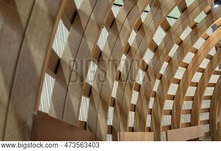The Interior Of Curved Diagonal Lines Are Made Of The Wooden Composite With The Facade Design Archit