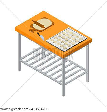 Bakery Interior Isometric Icon With Raw Dough Rolling Pin Knife And Biscuits On Baking Pan On Table 