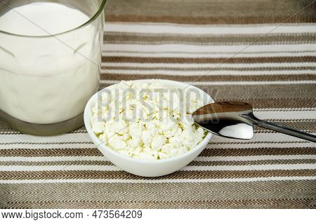 Glass Of Milk, A Cup Of Fresh Cottage Cheese. Fresh Farm Dairy Products, Simple Rustic Still Life
