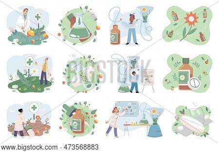 Herbal Oils Natural Medicines. Scientist Or Doctor Making Alternative Medicine Herb, Mortar, Laborat