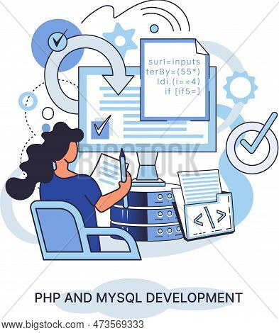 Php And Mysql Development Metaphor. Software Website Developer With Computer, Programmer Service, Op