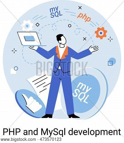 Php And Mysql Development Metaphor. Software Website Developer With Computer, Programmer Service, Op