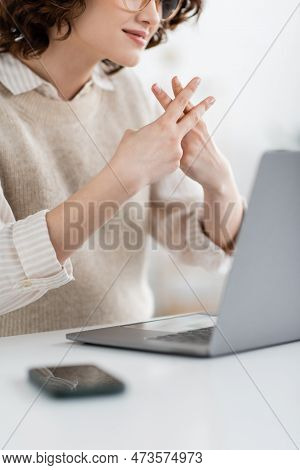Cropped View Of Teacher Showing British Two Handed Sign Alphabet Meaning Letter F While Teaching Fin