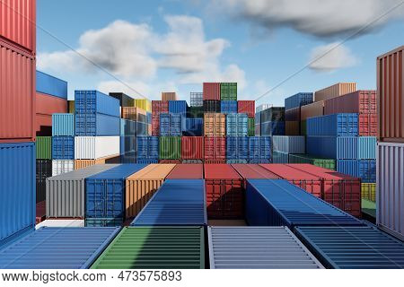 Lots Of Long Cargo Containers Stacked At The Terminal/port For Import Export Business. Logistics, Un