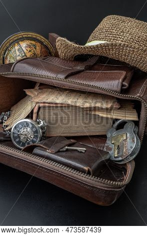 Bangkok,thai - Mar 17, 2023 : The Vintage Music Notes, The Old Book, The Analog Pocket Watch, The Ke