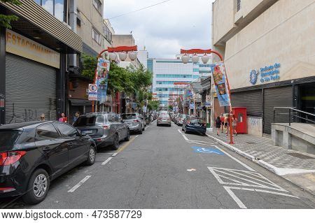 Sao Paulo, Sp, Brazil - December 31, 2022: View Of Thomaz Gonzaga Street At Liberdade Neighborhood.