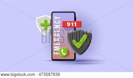 3d Render Illustration Of A Smartphone With Emergency Police Number And Call Button With Shield For 