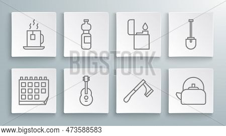 Set Line Calendar, Bottle Of Water, Guitar, Wooden Axe, Kettle With Handle, Lighter, Shovel And Cup 