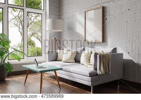 Cozy Living Room Interior In Room Corner; Sunlight Shining Trough Window; Floorlamp And Couch Table 