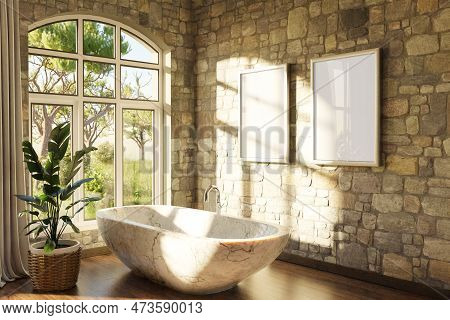 Freestanding Bath In Lightflooded Cozy Country House Bathroom; Minimalistic Interior Design With She