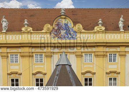 Melk, Austria - February 24, 2023: Melk Abbey On Hill Above Town, Facade Of Building On Prelate's Co