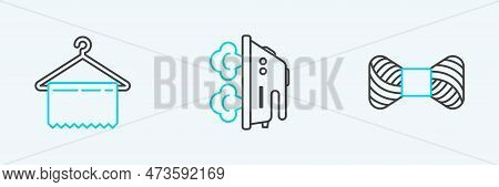 Set Line Sewing Thread On Spool, Hanger Wardrobe And Electric Iron Icon. Vector