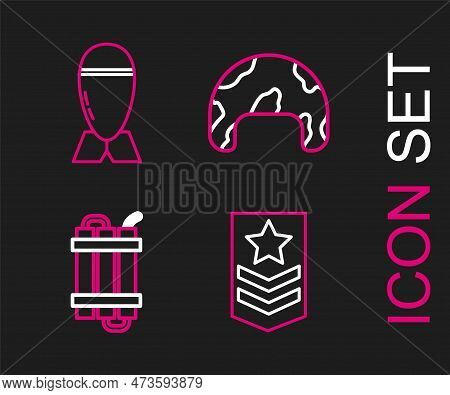 Set Line Chevron, Detonate Dynamite Bomb Stick, Military Helmet And Aviation Icon. Vector