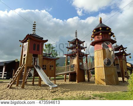 Billund, Denmark - June 11 2022: Legoland Billund Resort. Famous Amusement Park, Hotel And Lego Hous