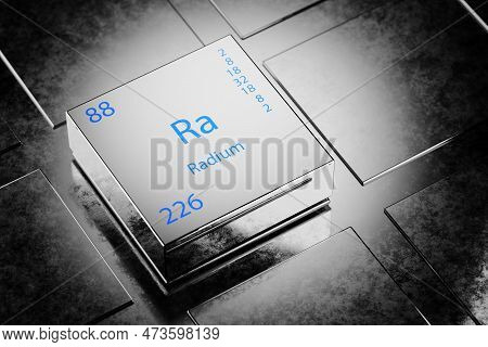 3d Illustration Of Radium As An Element Of The Periodic Table. Radium Element A Metallic Background.