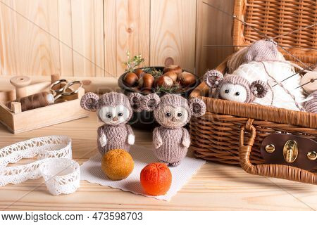 Knitted Brown Russian Toy Cheburashka With Oranges. Handmade By Hand Made