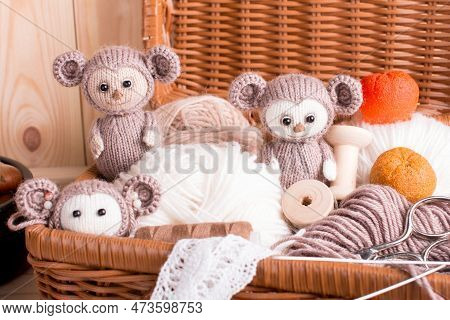 Knitted Brown Russian Toy Cheburashka With Oranges. Handmade By Hand Made