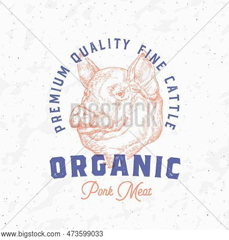 Risograph Style Pork Meat Farm Retro Badge Logo Template. Hand Drawn Pig Cattle Face Sketch With Ret