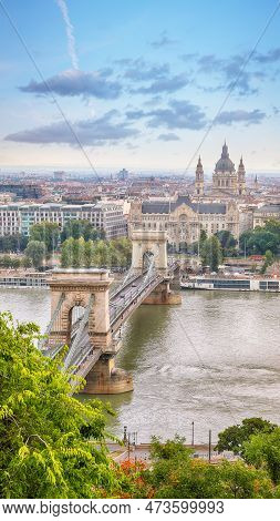 Breathtaking Cityscape Of Budapest  With  Széchenyi Chain Bridge Over Danube River. Location: Budape