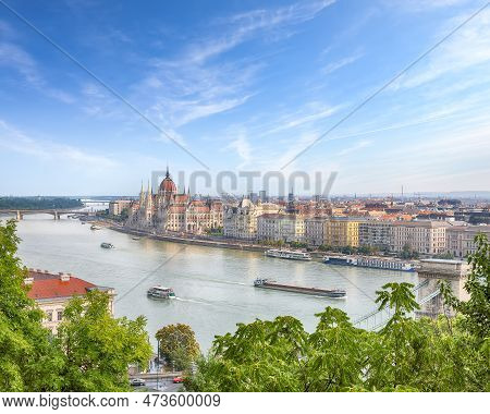 Astonishing Cityscape Of Budapest  With  Széchenyi Chain Bridge Over Danube River And Hungarian Parl