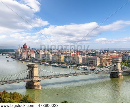 Astonishing Cityscape Of Budapest  With  Széchenyi Chain Bridge Over Danube River And Hungarian Parl
