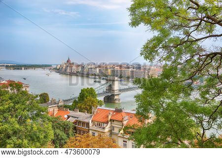 Astonishing Cityscape Of Budapest  With  Széchenyi Chain Bridge Over Danube River And Hungarian Parl