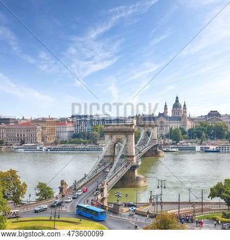 Breathtaking Cityscape Of Budapest  With  Széchenyi Chain Bridge Over Danube River. Location: Budape