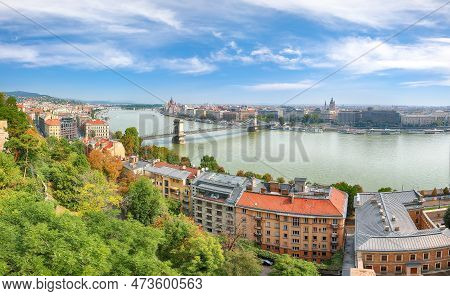 Astonishing Cityscape Of Budapest  With  Széchenyi Chain Bridge Over Danube River And Hungarian Parl