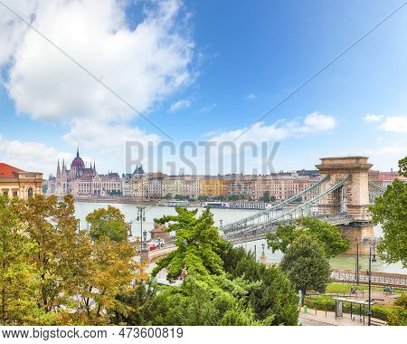 Astonishing Cityscape Of Budapest  With  Széchenyi Chain Bridge Over Danube River And Hungarian Parl