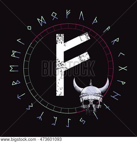Design For A T-shirt Of The Runic Letter Called Fehu Next To A Viking Skull. Rune Circle.
