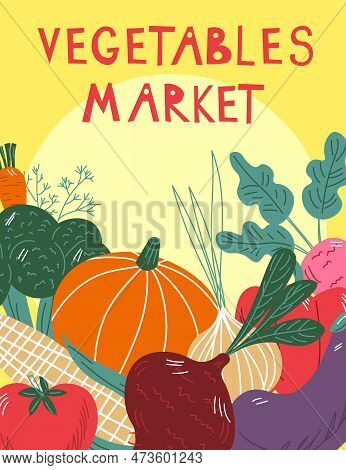 Vegetables Food Hand Drawn Banner. Text Vegetables Maeket Healthy Meal, Diet, Nutrition Or Lifestyle