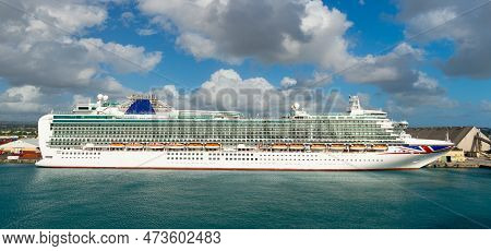 Panoramic Photo Of Cruise Ship Vacation In Sea. Cruise Ship Vacation. Cruise Ship Vacation