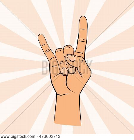 Rock And Roll Hand Sign. Goat Gesture In Cartoon Style. Vector Hand Drawn Illustration With Contour.