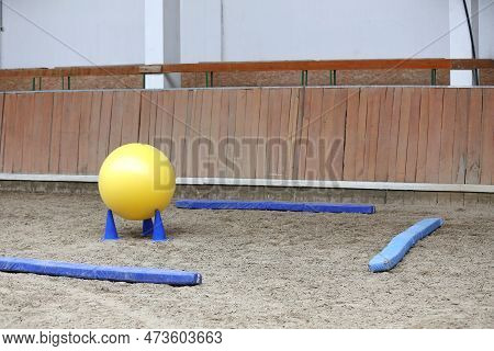Plastic Physioball On The Sand During Training For Beginner Riders And Horses At Riding School Indoo