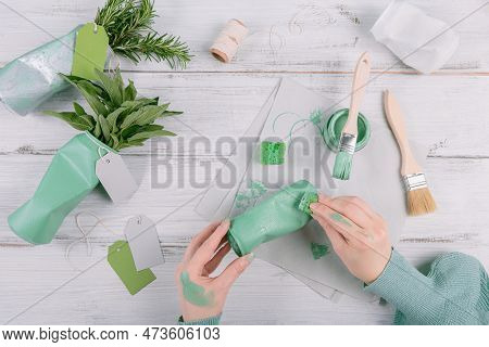Sustainable Hobby Background With Handmade Urban Ecology Gardening. Creative Upcycling Diy Idea, Cra