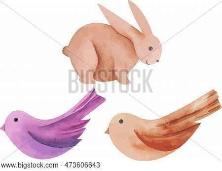 Vector Illustration Of Birds And Rebbit In Simple Hand Drawn. Natural Print. Easter Decor