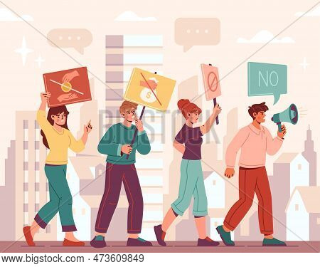 Protest Corruption Concept. Men And Women Walk Through City With Placards With Crossed Out Money Sym