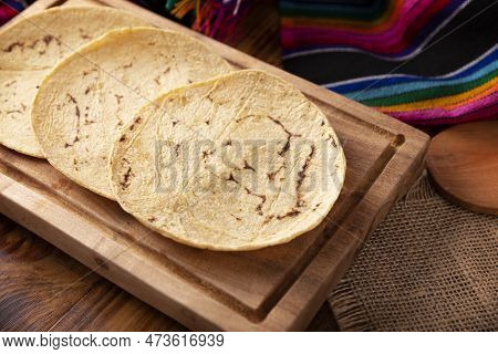 Corn Tortillas. Food Made With Nixtamalized Corn, A Staple Food In Several American Countries, An Es